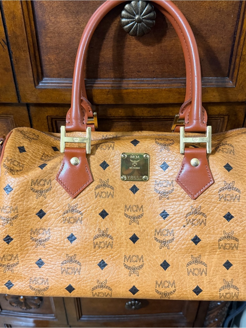 MCM Cognac Logo Visetos Satchel with Tan Handles (final sale)